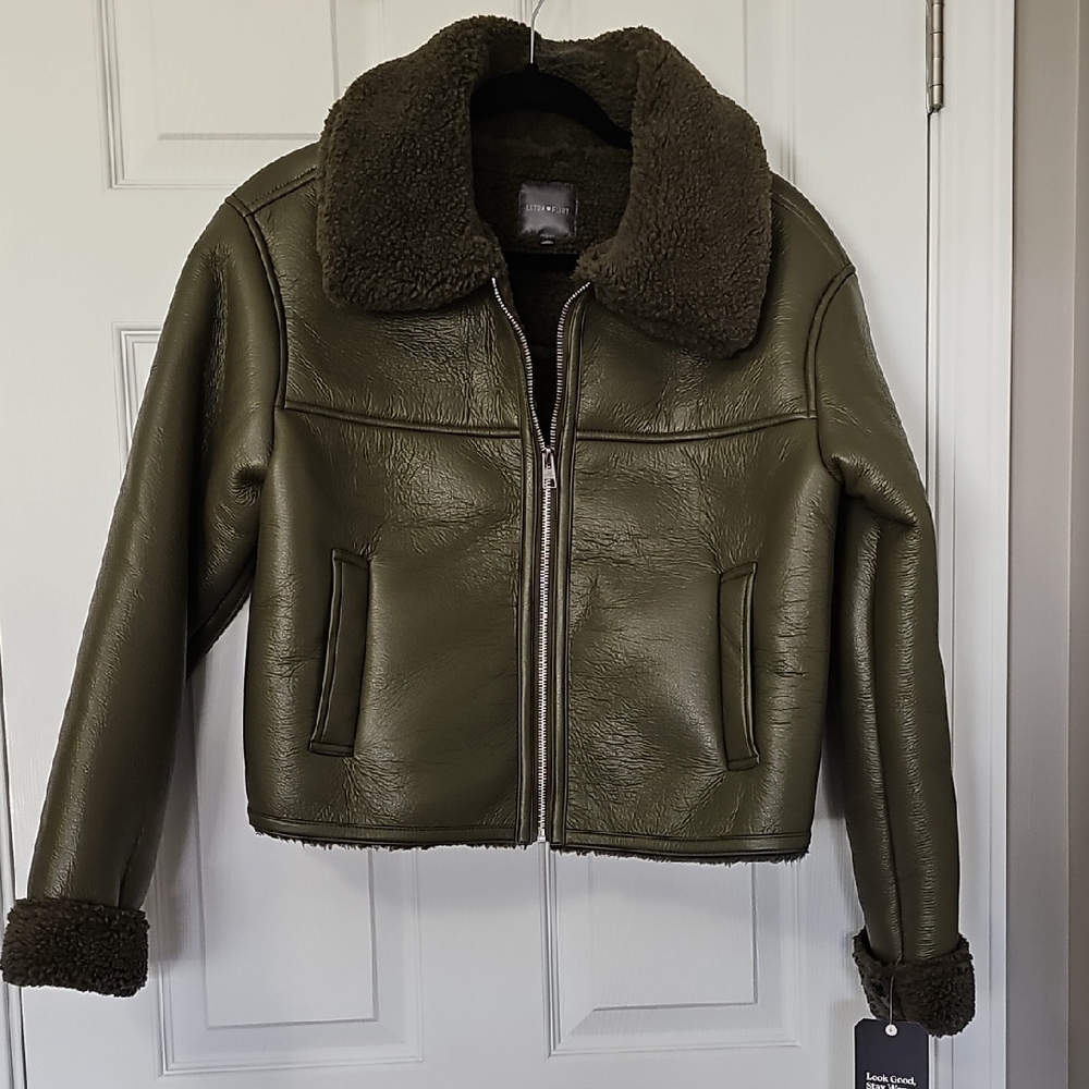 Ultra Flirt Olive Green Faux Shearling Bomber Jacket